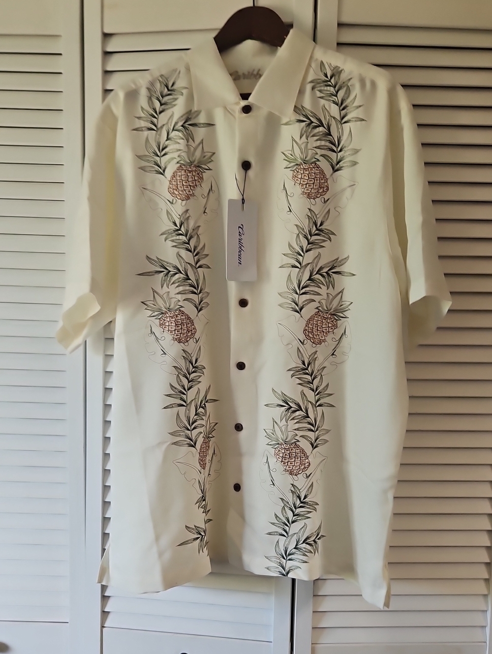 Tahitian Pineapple Embroidered Cream Button-Up Shirt- Men's Size XXL
